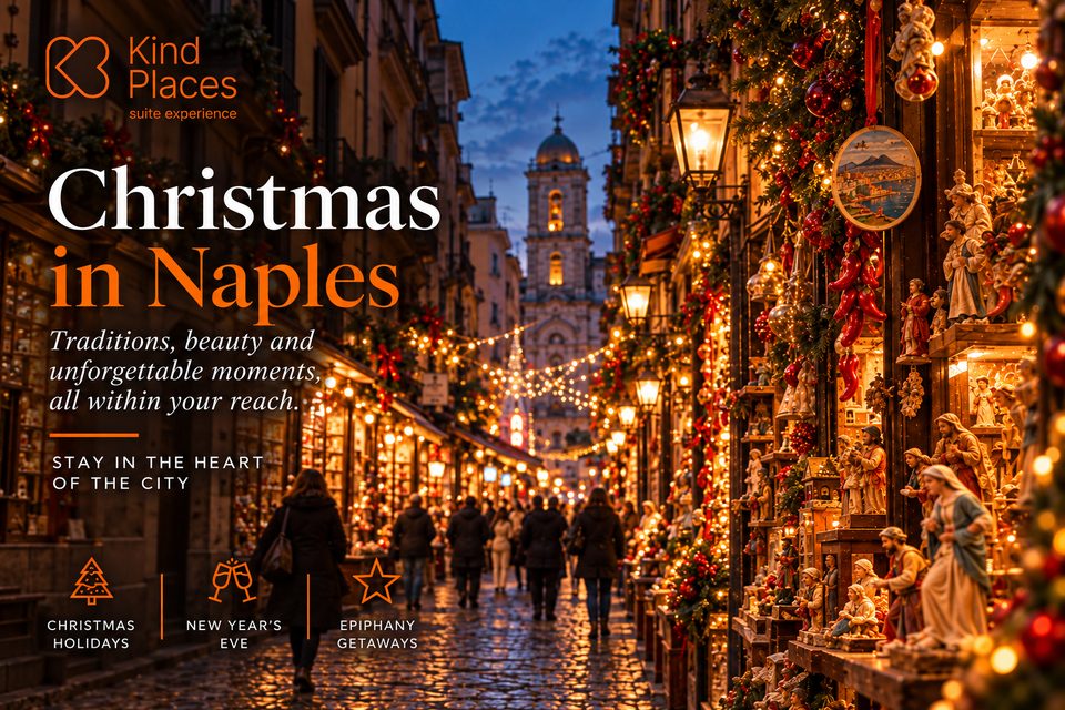 A street in Naples' historic centre at Christmas, with festive lights and nativity workshops, and the words Christmas in Naples